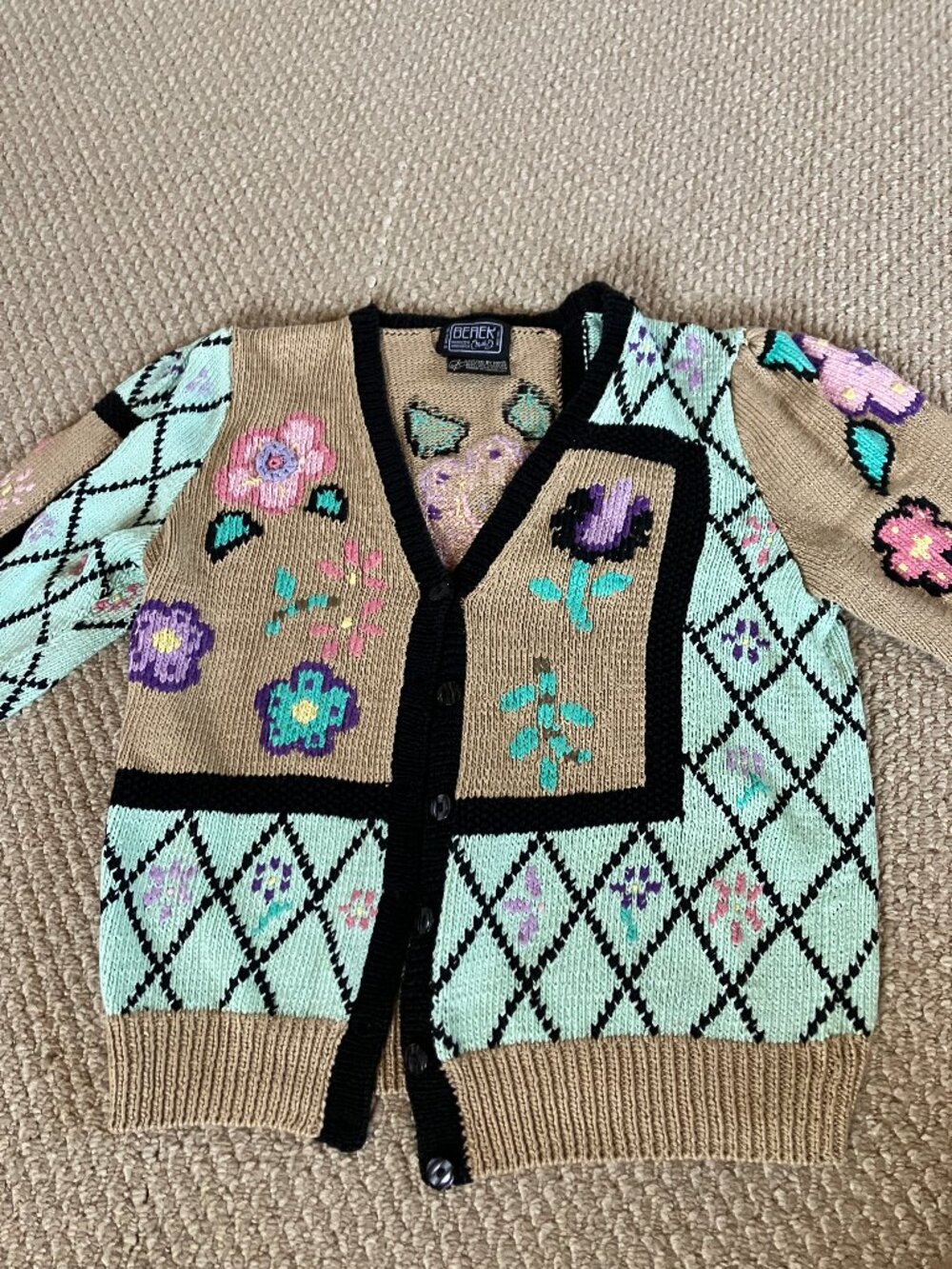 Vtg Berek Marta D Handknit Cardigan Large Floral Pima Cotton Heavy CottageCore